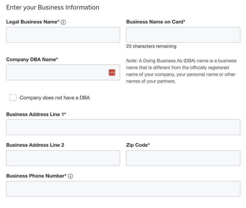 Amex business card application form asking for business details like legal name and address