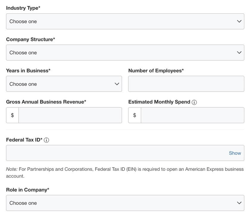 Amex business card application form asking for company structure, suitable for sole proprietors