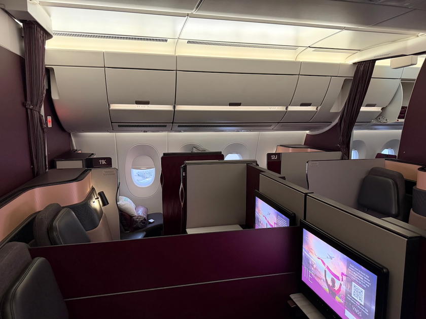 Qatar Airways Qsuites business class cabin on an Airbus A350
