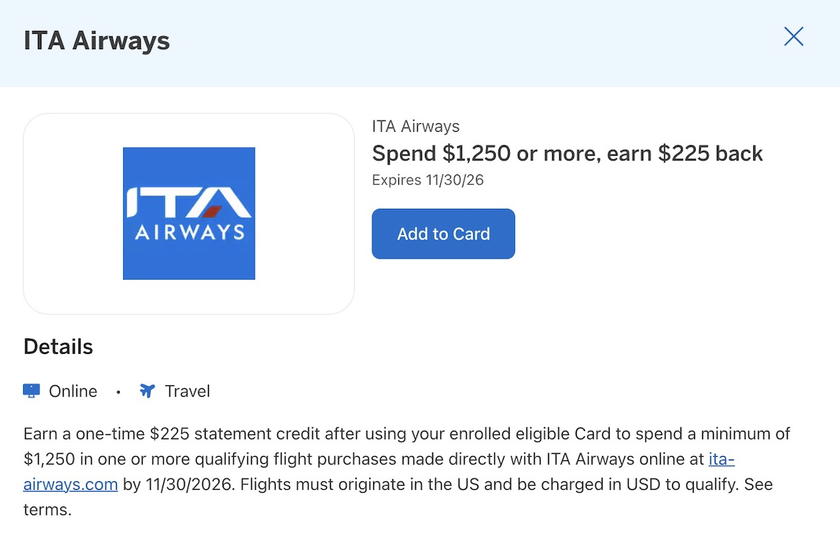 Promotional graphic for the targeted Amex Offers deal with ITA Airways