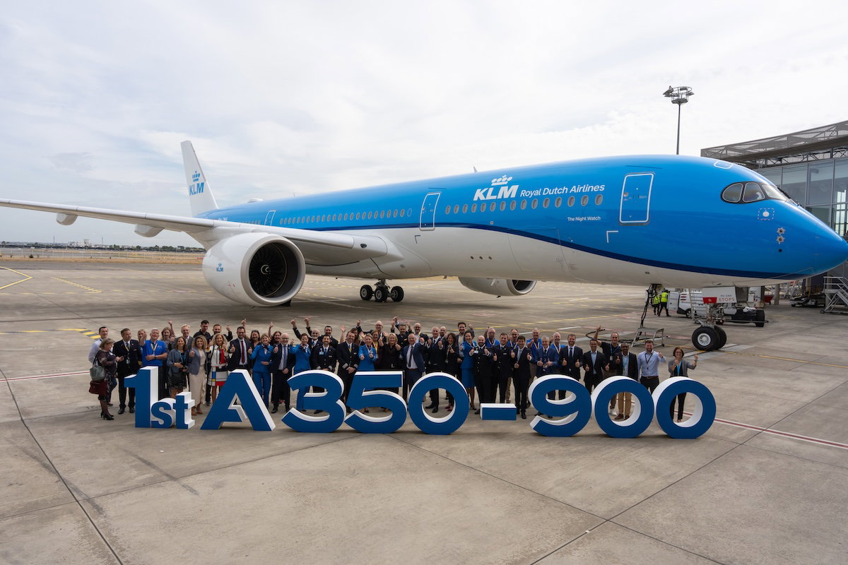 KLM's first Airbus A350-900 aircraft on the tarmac at Amsterdam Schiphol Airport