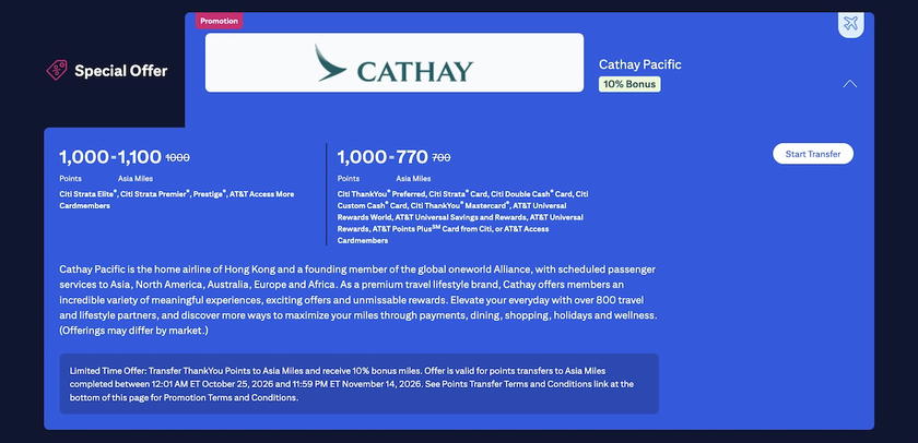 Cathay Pacific promotional graphic announcing a 10% Asia Miles transfer bonus for credit card and hotel points