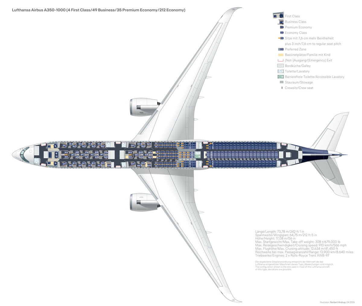Seat map of the Lufthansa Airbus A350-1000 showing four cabins