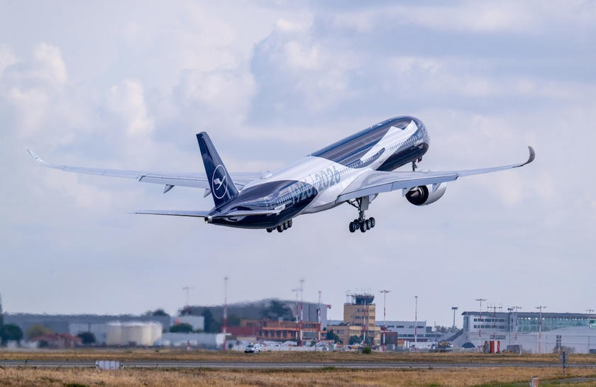 Lufthansa Airbus A350-1000 lifting off from a runway