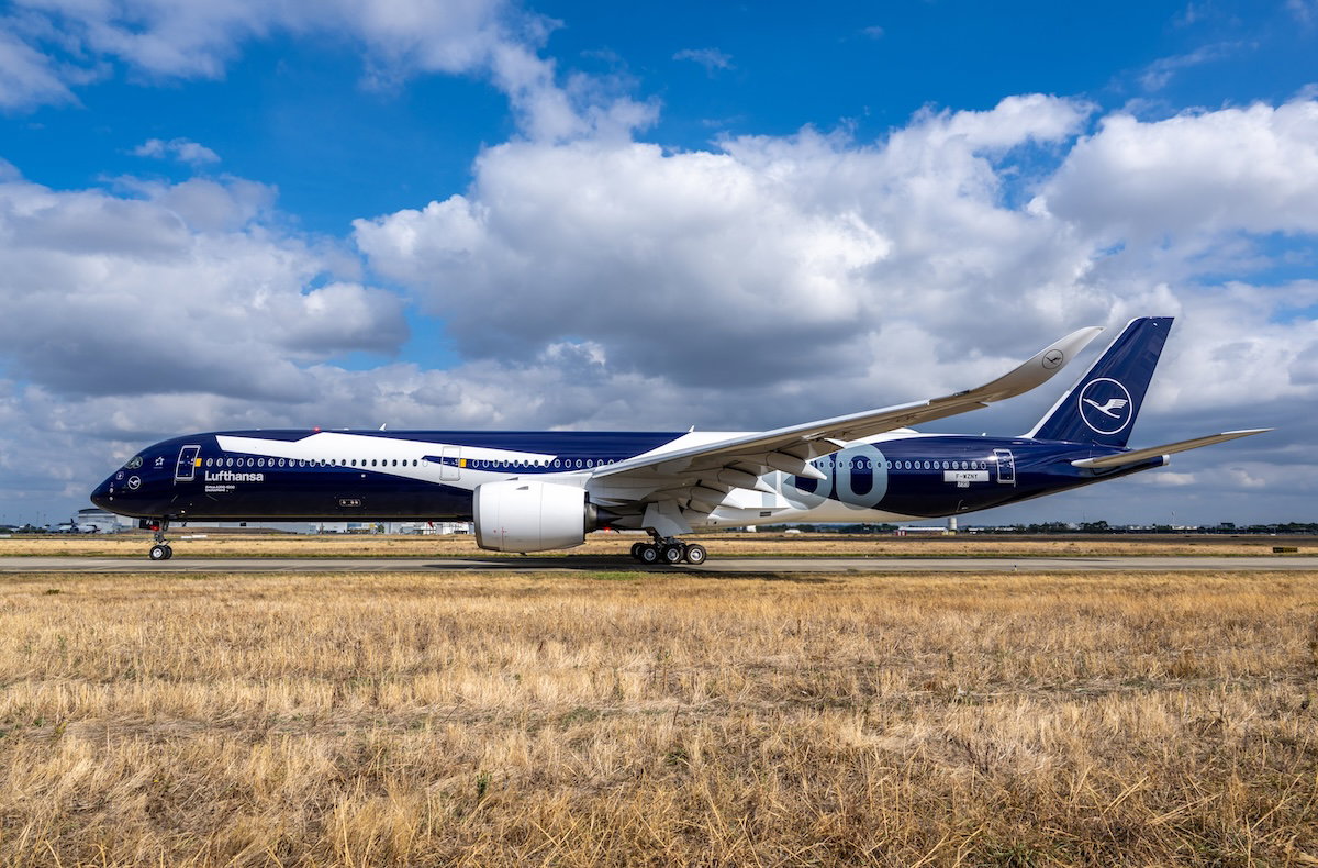 Lufthansa Airbus A350-1000 in 100th anniversary livery taxiing ahead of delivery