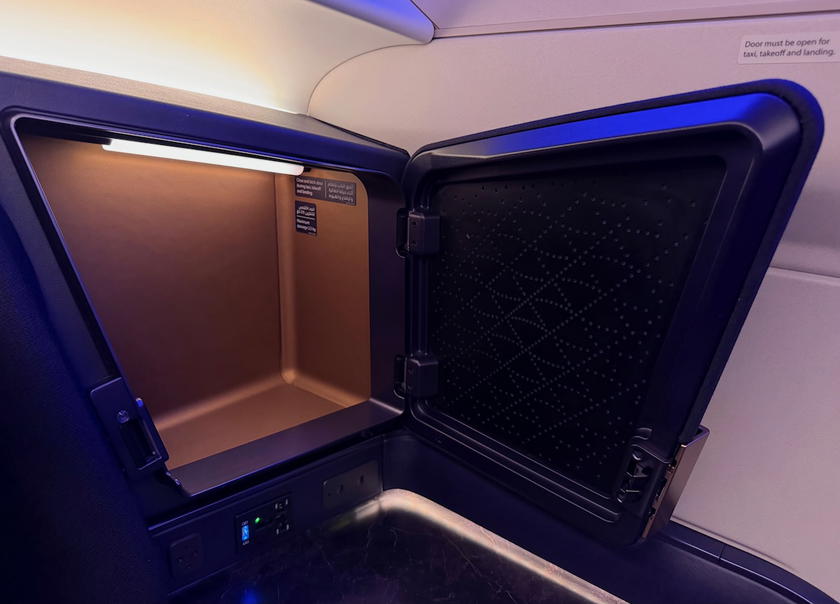 Riyadh Air business class seat storage cubby