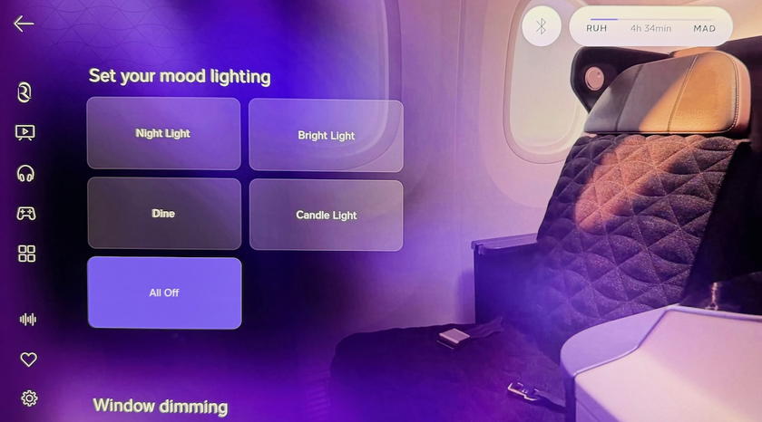 Riyadh Air business class seat ambient lighting on the Boeing 787