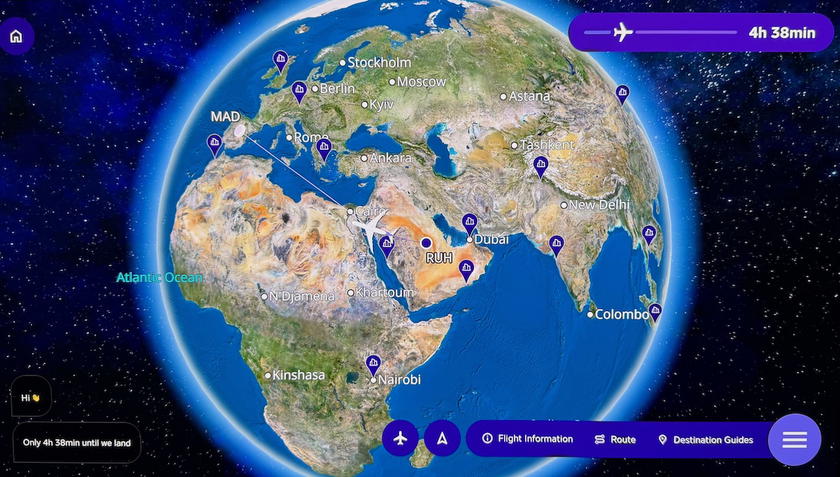 Riyadh Air business class entertainment screen interface on the Boeing 787