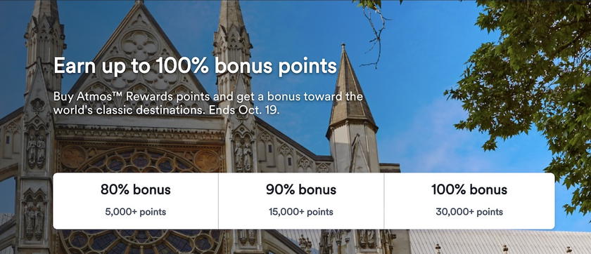 Promotional graphic advertising a 100% bonus on purchased Alaska Atmos Rewards points