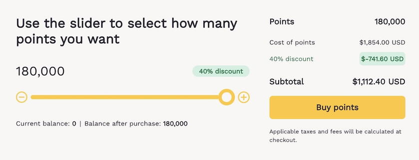 Choice Privileges points purchase screen showing a rate of 0.62 cents per point