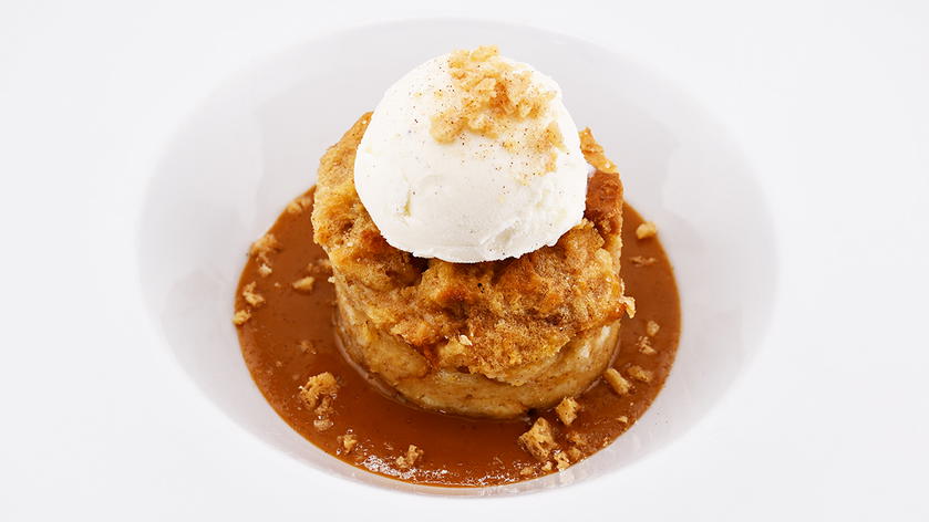 Churro bread pudding dessert served at American's Flagship Dining
