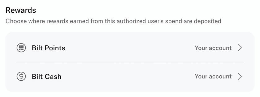 Screenshot of Bilt account settings showing the option to choose which account accrues rewards