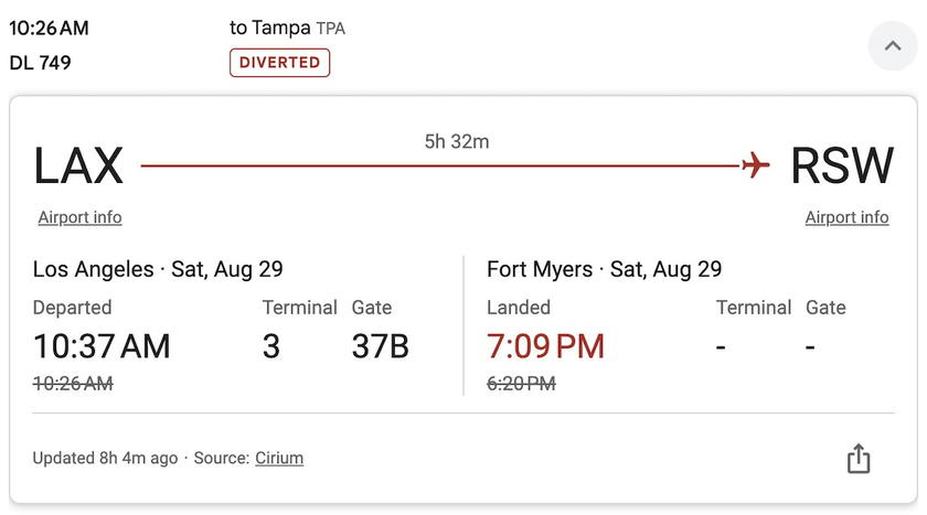 Flight tracker showing Delta DL749 diverting to Fort Myers before departing again for Tampa