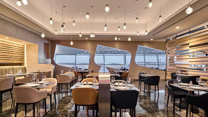 Interior of the Flagship Dining restaurant inside American's Flagship Lounge at Dallas Fort Worth Airport