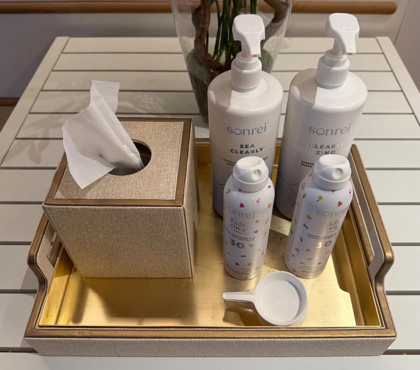 Sunscreen station at the tender marina on Four Seasons Yachts