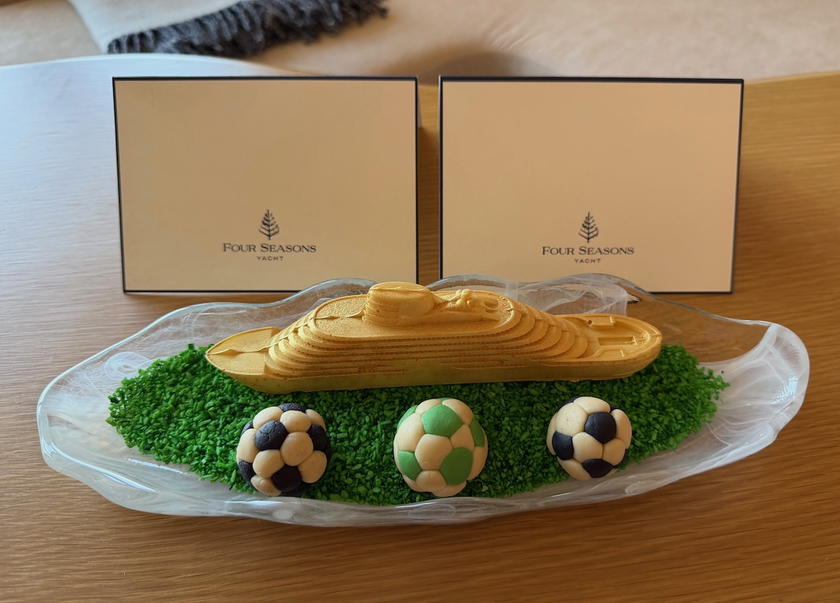 Chocolate ship replica welcome amenity in a Four Seasons Yachts suite