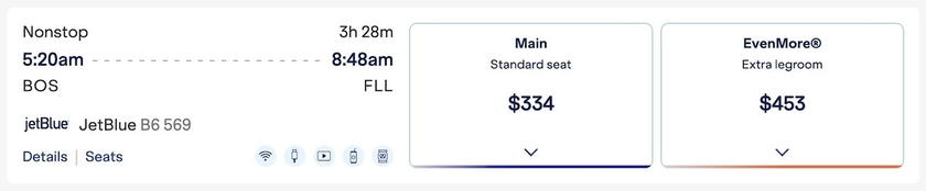 JetBlue booking screen showing the cash price of a Boston to Fort Lauderdale flight at $334