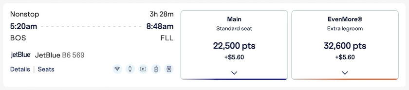 JetBlue booking screen showing the TrueBlue points price of 22,500 points for Boston to Fort Lauderdale
