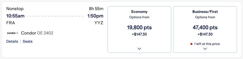 JetBlue award search showing Condor business class from Frankfurt to Toronto for 47,400 TrueBlue points