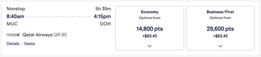 JetBlue award search showing Qatar Airways business class from Munich to Doha for 29,600 TrueBlue points