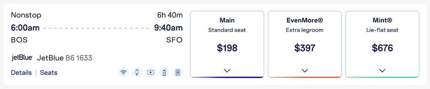 JetBlue booking screen showing cash prices for economy and Mint on a Boston to San Francisco flight