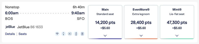 JetBlue booking screen showing TrueBlue points prices for economy and Mint from Boston to San Francisco
