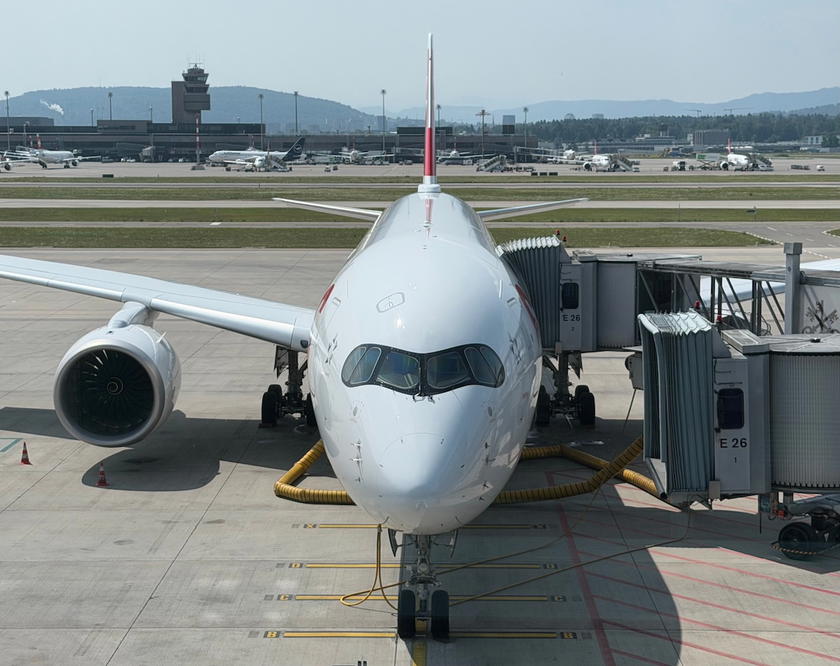 SWISS Airbus A350 parked at the gate at Zurich Airport before boarding