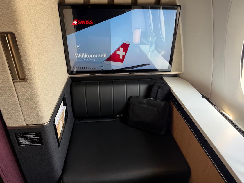 Another angle of SWISS first class suite 1K showing the flat-bed seat