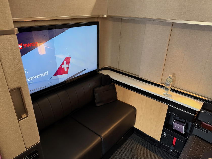 Close-up of the SWISS first class double suite seating area