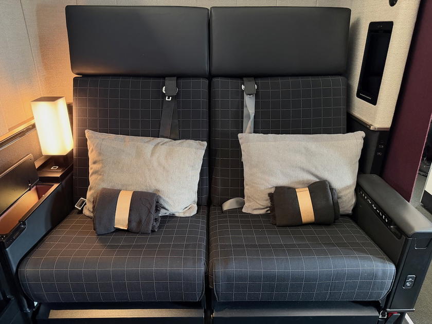Interior side of the SWISS first class double suite showing the storage compartment