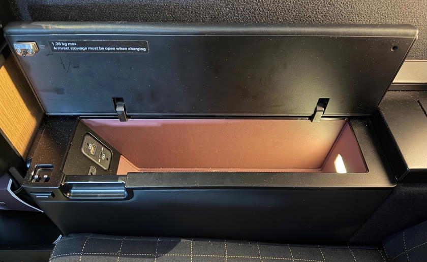 Wireless charging pad inside the SWISS first class double suite storage compartment