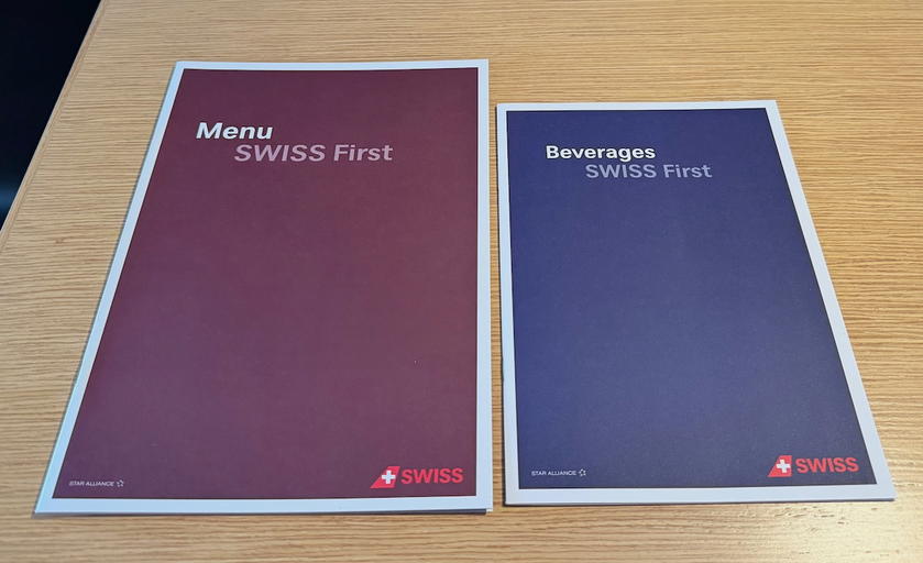 SWISS first class menu and drink list handed out before takeoff