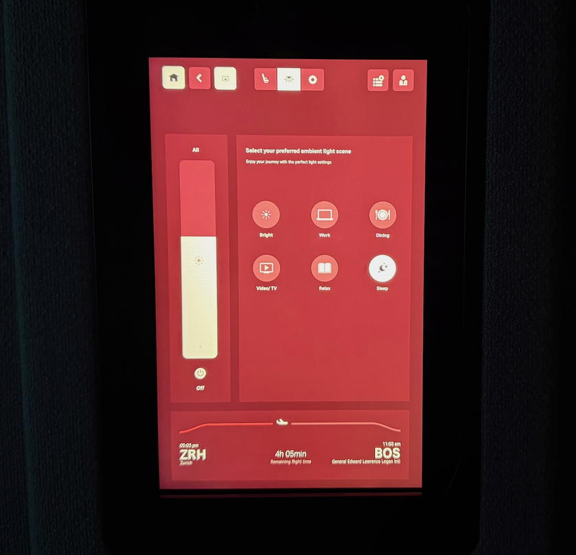 Tablet used to control seat functions and lighting in SWISS first class