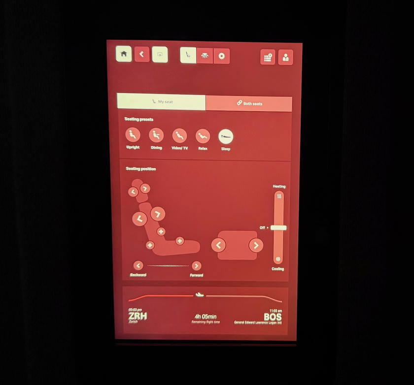 Close-up of the SWISS first class seat control tablet