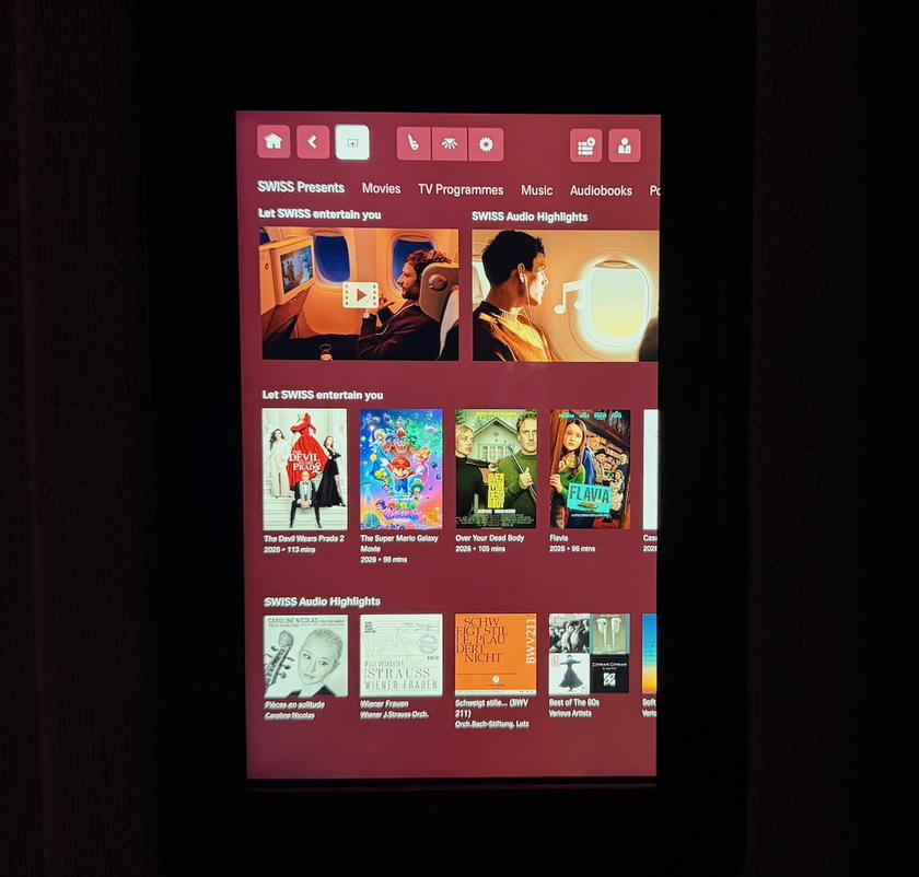 Entertainment selection menu displayed on the SWISS first class tablet