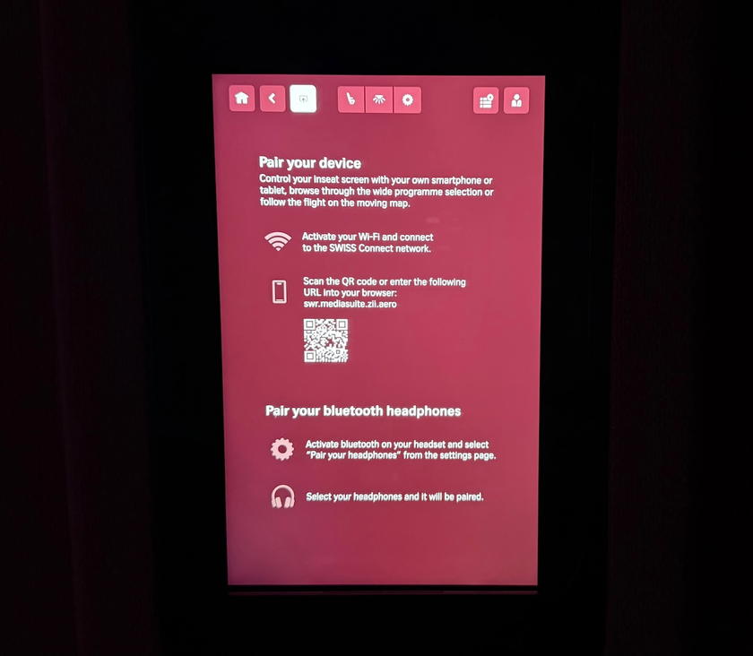 Bluetooth audio pairing screen on the SWISS first class entertainment system