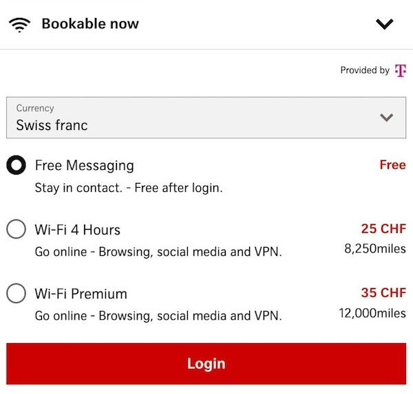 SWISS A350 seatback screen showing Wi-Fi pricing options