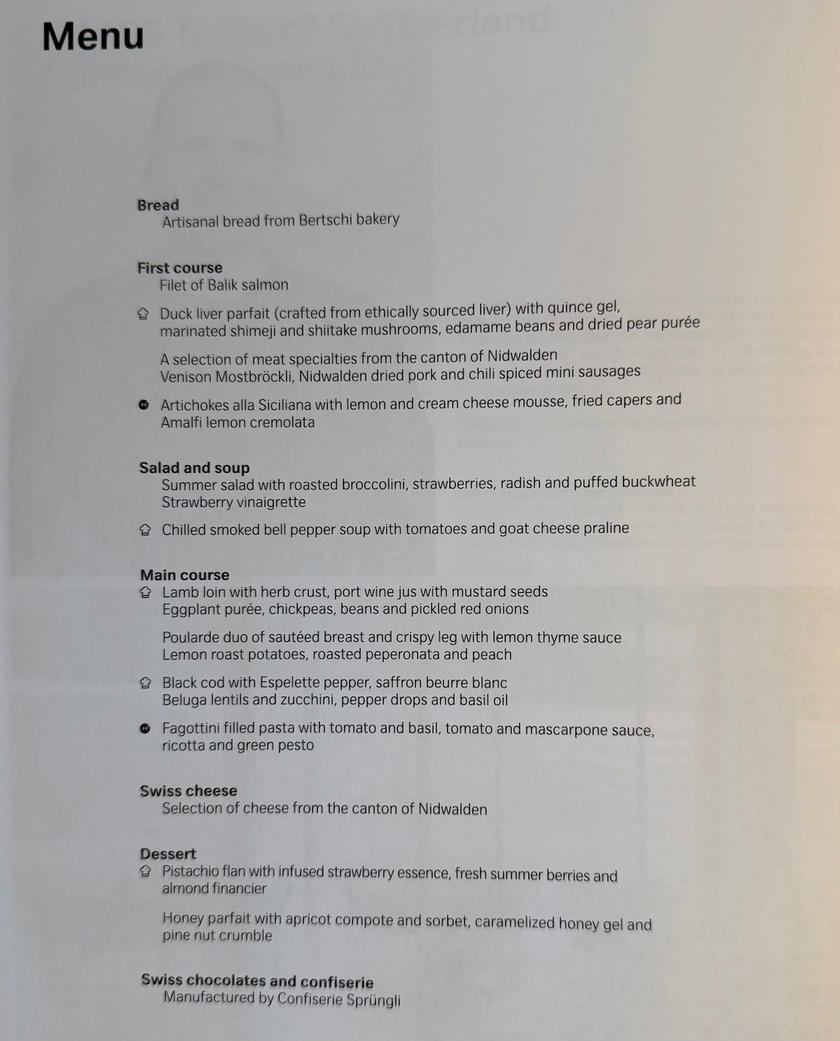 Page of the SWISS first class dining menu