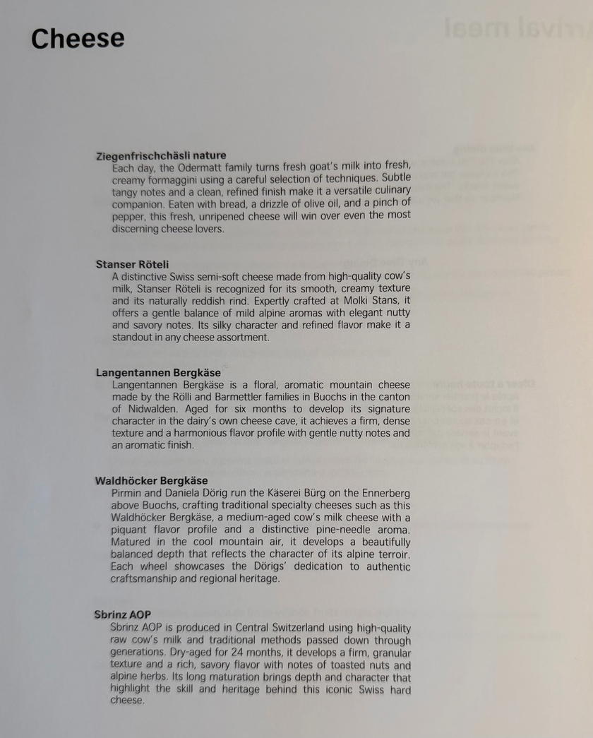 Another page of the SWISS first class dining menu