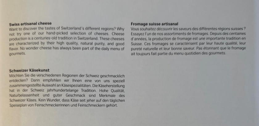 SWISS first class menu listing course options