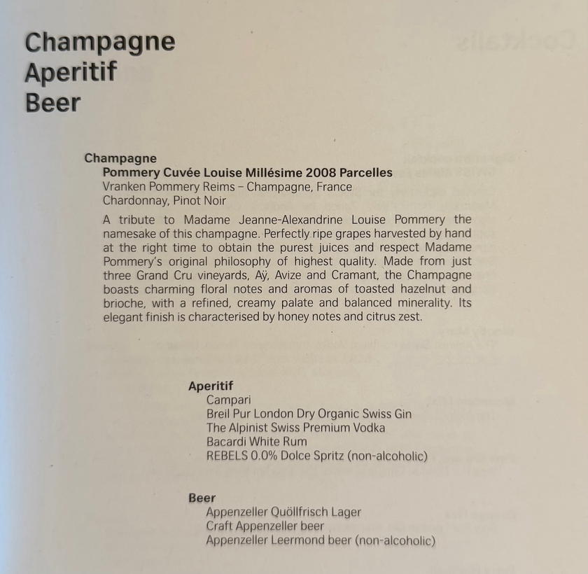 SWISS first class drink list page