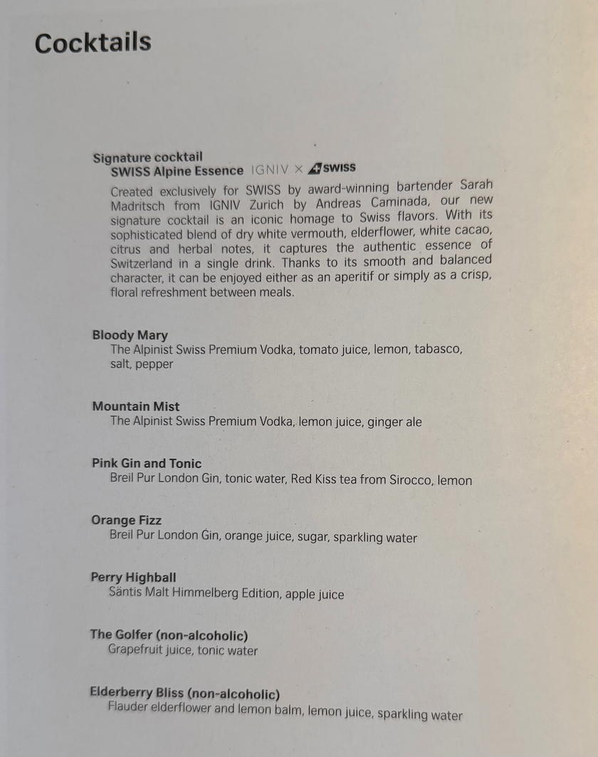 SWISS first class drink list showing champagne selection