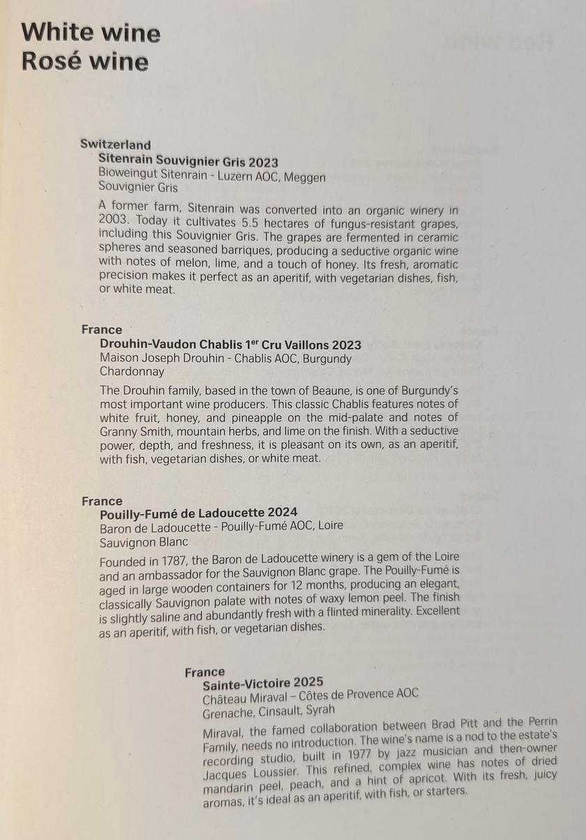 SWISS first class wine and drink list