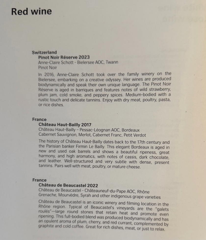SWISS first class drink list showing spirits and cocktails