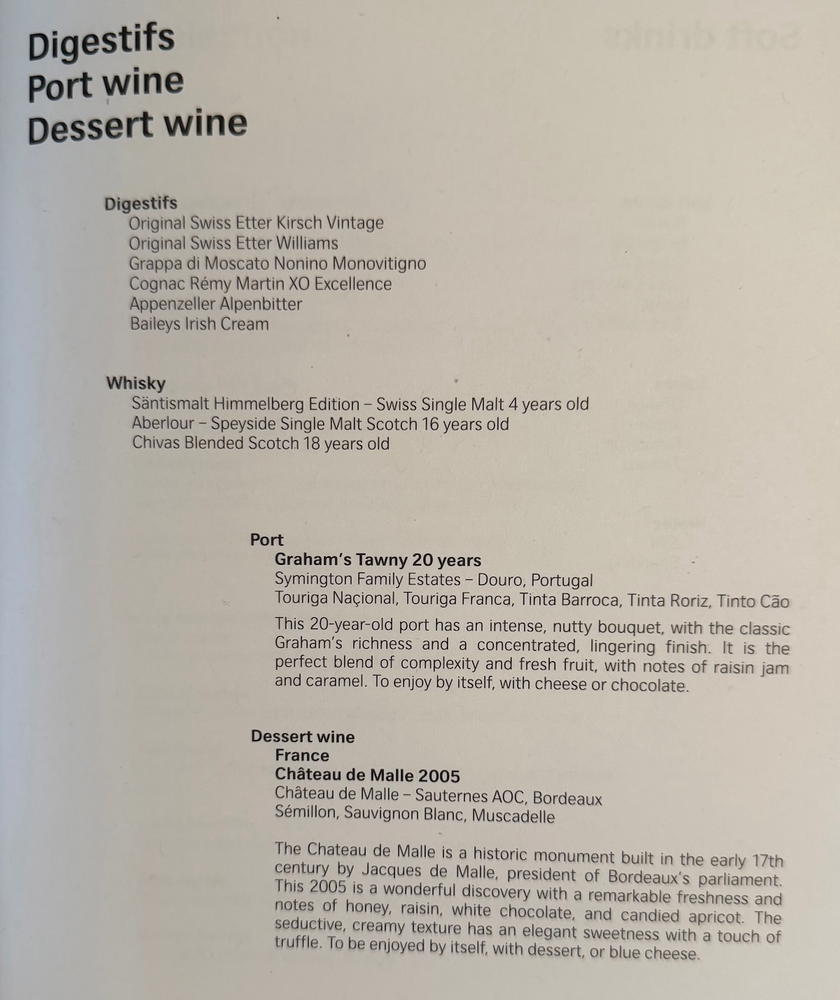 SWISS first class drink list showing beer and soft drink options
