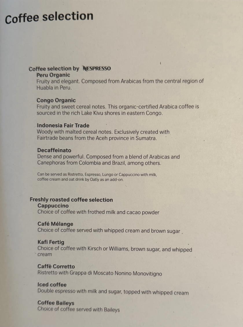 SWISS first class drink list showing wine pairings