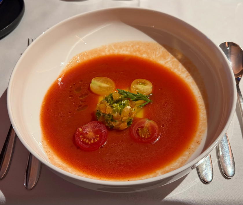 Chilled smoked bell pepper soup served in SWISS first class