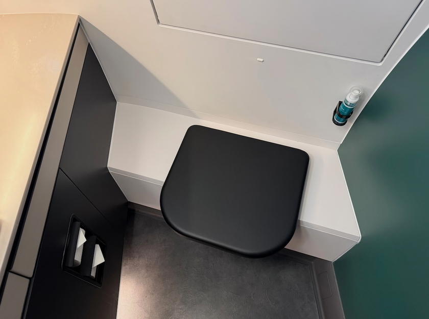 Interior of the SWISS A350 first class lavatory with counter and mirror