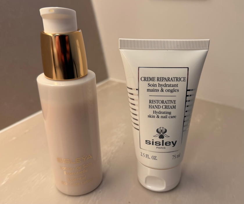 Sisley hand cream and body lotion displayed in the SWISS A350 first class lavatory
