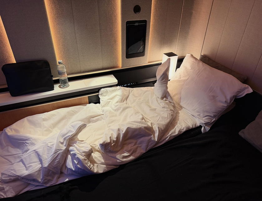 Made-up bed inside the SWISS A350 first class double suite